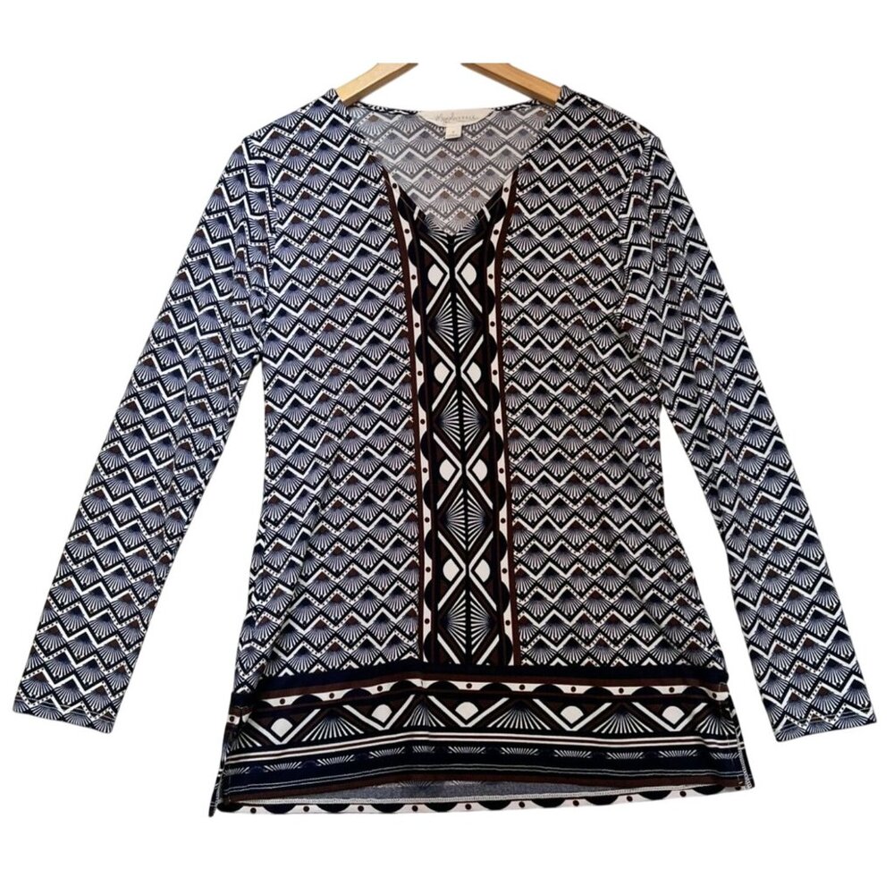 Magnolia Grace Women V Neck Tunic Blouse Stretch Sz S Navy Brown Geo Long Sleeve